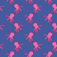 Pink octopus, seamless pattern on blue background. vector