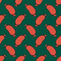 Red sausage, seamless pattern on dark green background. vector