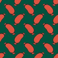 Red sausage, seamless pattern on dark green background. vector