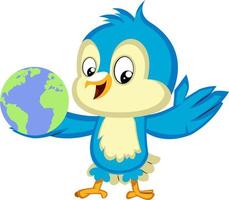 Blue bird holds a globe, illustration, vector on white background.