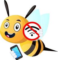 abeja sosteniendo un teléfono, sin wi-fi, ilustración, vector sobre fondo blanco.