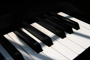 Close up view of piano keyboard near window with shadow overlay effect. Piano key sunny effect. Electric piano keyboards in four-line octave. White keys and black keys. Piano sunlight wallpaper art photo