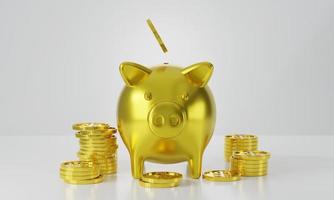3d render money jar pig gold with money dollar coin stack, white background concept saving and financial business photo