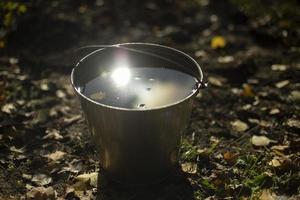 Water in bucket. Bucket in garden. Water for watering plants. Details of rural life. photo