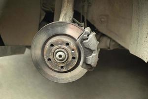 Wheel disk of car. Replacement of wheel in transport. Machine parts. photo