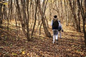 retrato al aire libre de otoño de dos hermanos caminando en el bosque. foto