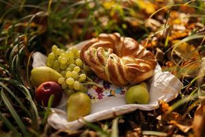Bodegón de otoño con frutas y pan en el bosque.