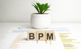 BPM Business Process Management concept, wooden blocks and charts with green plant photo