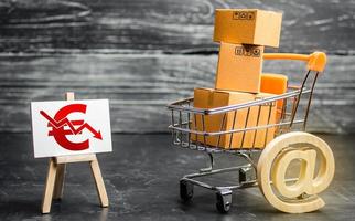 Shopping cart loaded with boxes, email symbol and euro red down arrow. Reduced online sales over Internet. Fall purchasing power. Price reduction. High competition. Low profits return on investment photo