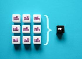 Industry emissions of carbon dioxide co2 mass visualization. Annual pollution calculation. Quotas and regulations for greenhouse gas waste. Reducing the impact on the environment. Decarbonization photo