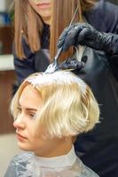 Hairdresser dyeing hair of young woman photo