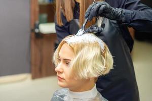 Hairdresser dyeing hair of young woman photo