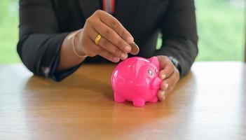 piggy bank on table with space photo