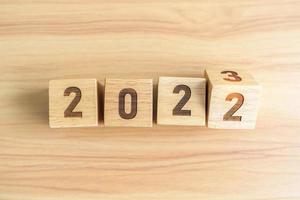 2022 change to 2023 year block on table background. goal, Resolution, strategy, plan, start, budget, mission, action, motivation and New Year concepts photo