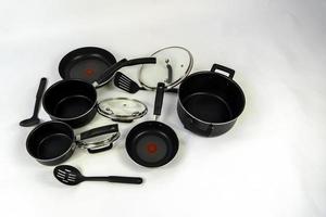 Set of aluminum cookware on kitchen counter, metal cookware, mexico latin america photo