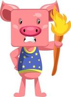 Pig with torch, illustration, vector on white background.