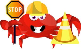 Crab with stop sign, illustration, vector on white background.