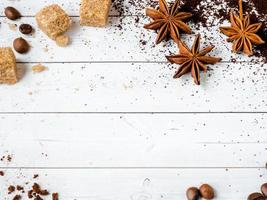 Background with different coffee, coffee bean, earth, and instantly, chocolate, copy space, top view. photo