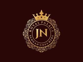 letra jn logotipo victoriano de lujo real antiguo con marco ornamental. vector