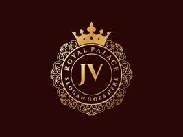 Letter JV Antique royal luxury victorian logo with ornamental frame. vector