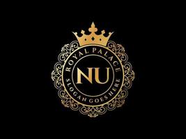 Letter NU Antique royal luxury victorian logo with ornamental frame. vector