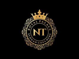 Letter NT Antique royal luxury victorian logo with ornamental frame. vector