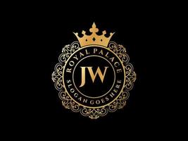 Letter JW Antique royal luxury victorian logo with ornamental frame. vector