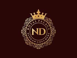 Letter ND Antique royal luxury victorian logo with ornamental frame. vector