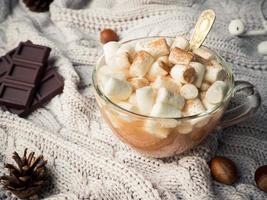 Cozy winter home background. Cocoa in a glass Cup with a marshmallow, chocolate cinnamon cones and nuts photo