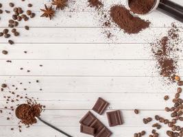 Background with different coffee, coffee bean, earth, and instantly, chocolate, copy space, top view. photo