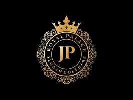 Letter JP Antique royal luxury victorian logo with ornamental frame. vector