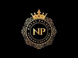 Letter NP Antique royal luxury victorian logo with ornamental frame. vector