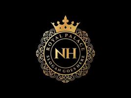 Letter NH Antique royal luxury victorian logo with ornamental frame. vector