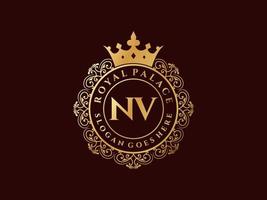 Letter NV Antique royal luxury victorian logo with ornamental frame. vector