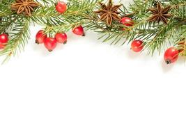 Christmas decorations on a white background, berries rose hips, stars, fir branches. copy space photo