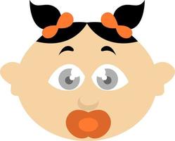 Baby girl with pigtails and orange pacifier, illustration, on a white background. vector