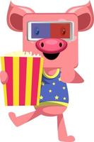 Pig with popcorn, illustration, vector on white background.