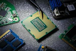 Electronic engineer of computer technology. Maintenance computer cpu hardware upgrade of motherboard component. Pc repair, technician and industry support. photo