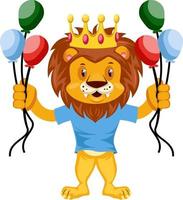 Lion with balloons, illustration, vector on white background.