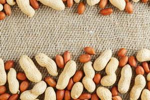 Roasted peanuts in a shell and peeled on a brown fabric background. photo