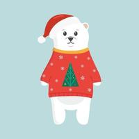 Cute polar bear in red sweater and hat. White bear on a blue background. Christmas concept. Perfect for Christmas and New Year cards. Vector illustration.