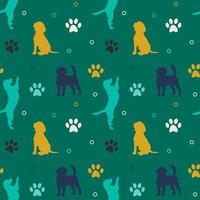 Seamless colorful pattern with dogs and paws. Background for pet shop, veterinary clinic, pet store, zoo, shelter. Flat style design, vector illustration.