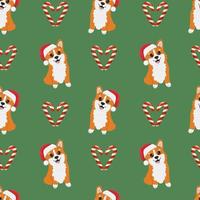 Seamless pattern with corgis in Santa Claus hat and caramels. Background for wrapping paper, greeting cards and seasonal designs. Merry Christmas and Happy new year. vector
