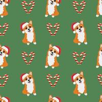 Seamless pattern with corgis in Santa Claus hat and caramels. Background for wrapping paper, greeting cards and seasonal designs. Merry Christmas and Happy new year. vector