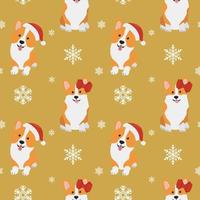 Seamless patten with  corgis in Santa Claus hat and snowflakes. Background for wrapping paper,  greeting cards and seasonal designs. Merry Christmas and Happy new year vector
