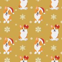 Seamless patten with  corgis in Santa Claus hat and snowflakes. Background for wrapping paper,  greeting cards and seasonal designs. Merry Christmas and Happy new year vector