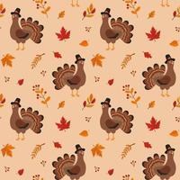 Seamless vector pattern with turkey and autumn leaves. Texture for fabric, wallpaper, apparel, wrapping. Happy Thanksgiving.