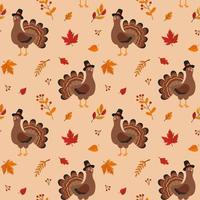 Seamless vector pattern with turkey and autumn leaves. Texture for fabric, wallpaper, apparel, wrapping. Happy Thanksgiving.