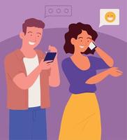 hombre y mujer usando teléfono inteligente vector