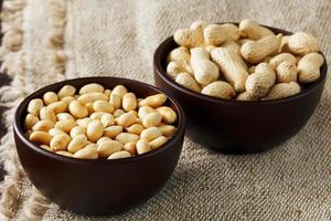 Peanuts in the shell and peeled close-up in cups. Roasted peanuts in their shells and peeled against a brown cloth. photo